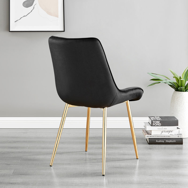 Palermo Velvet Modern Dining Chairs with Tapered Metal Legs & Quilted Diamond Stitching, Gold, Black