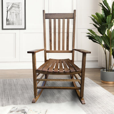 Chaise berçante brune pour adultes de balcon et de porche - Stabilité de fabrication en bois franc massif Assise large et large Accoudoir Dossier à lattes ferme Assemblage facile avec les composants fournis Poids de 250 livres