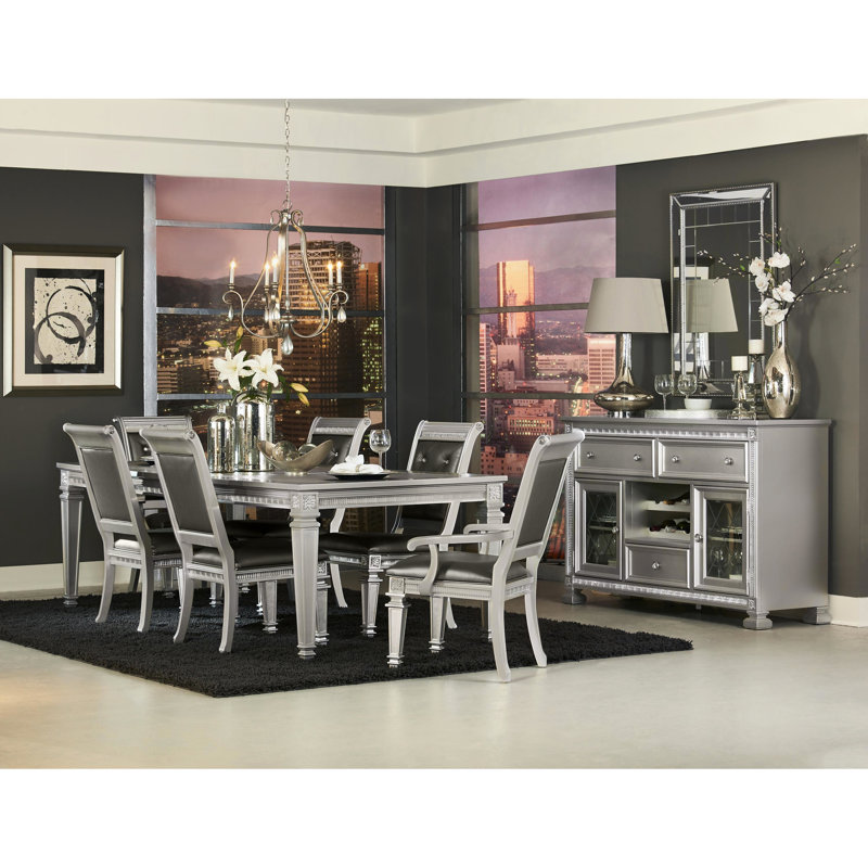 Table de salle à manger Modern Glamour, bois massif, finition argent, acrylique, rallonge, table pour 8 personnes