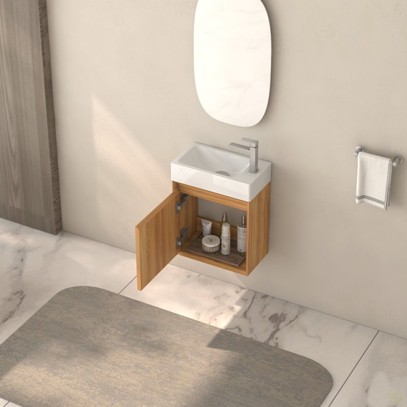 Petit meuble-lavabo mural de 16 po en bois massif d'acacia avec lavabo en résine SMC et meuble-lavabo moderne avec porte à fermeture en douceur