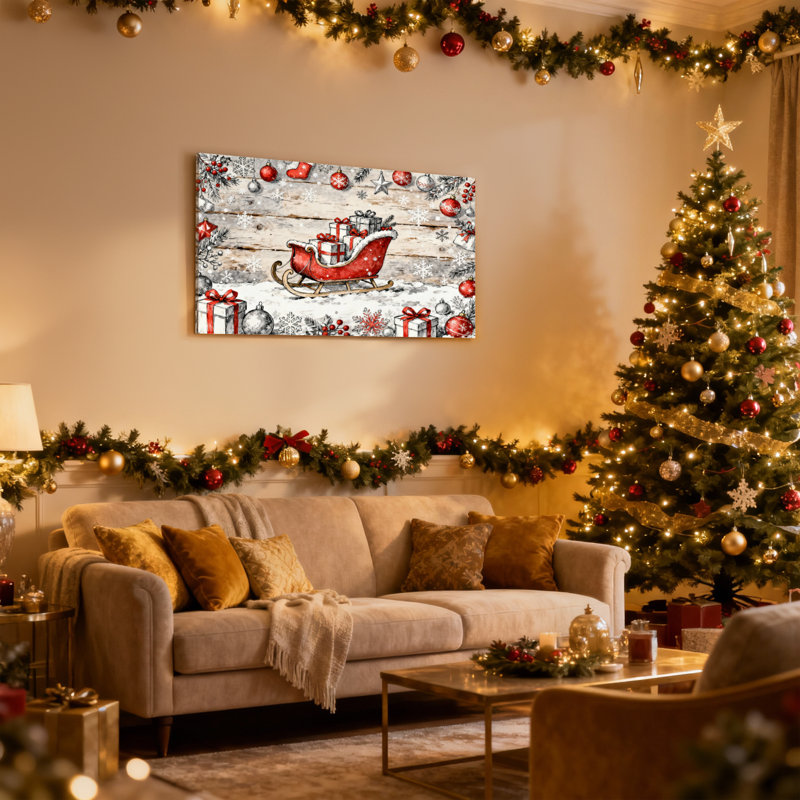 Ensemble de 3 impressions sur toile de Noël traîneau de Noël avec cadeaux et ornements, H 16 po x l 24 po