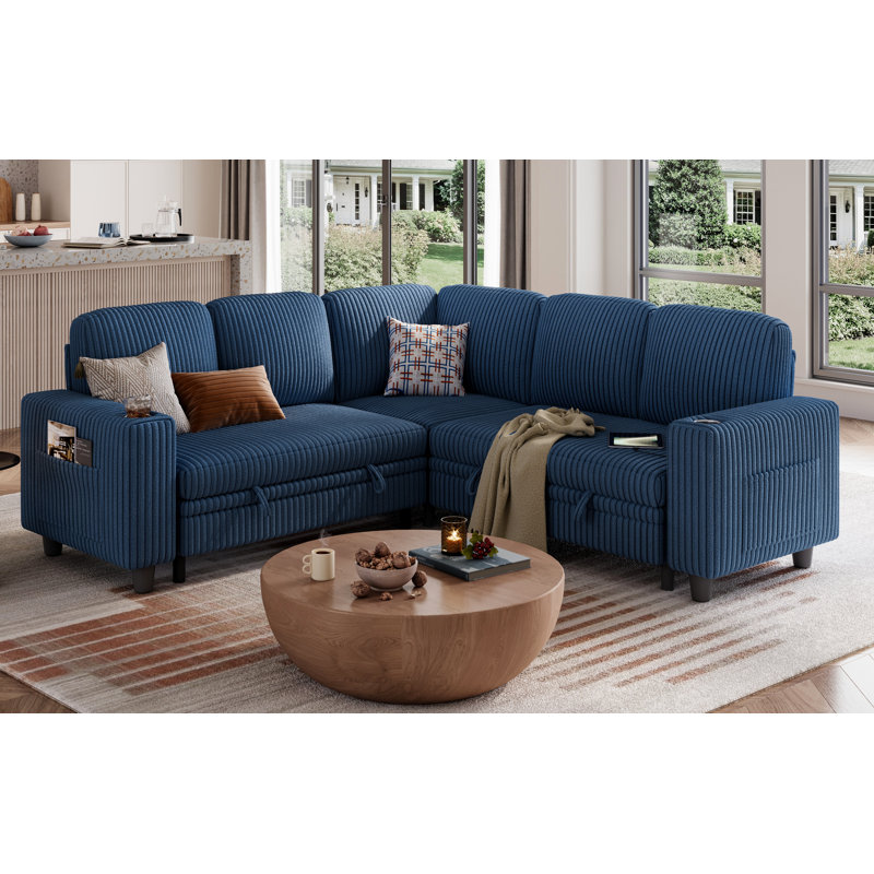 Sherry 81'' Upholstered Modular Sectional with USB Charging & Cup Holders, Soren Navy, 5-piece