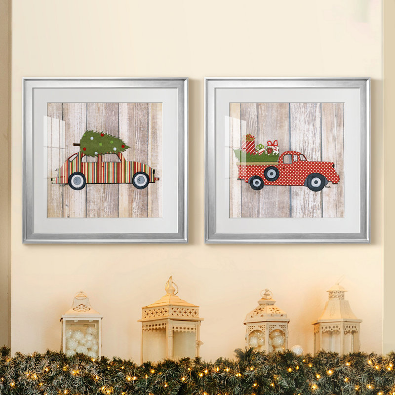 Classic Auto Christmas I - ensemble de 2 reproductions d'art encadrées, H 22,5 po x l 45 po x P 1,5 po, Blanc