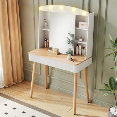 Small Vanity Desk with Mirror and Lights, Big-capacity Storage and Sliding Mirror, Vanity Set with Two Fluted Drawers, 3 Lighting Colors Makeup Dressing Table(White)