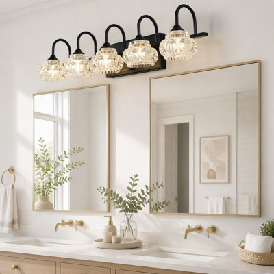 Retro 5-Light Bathroom Vanity Light Fixture - Black Finish with Crystal Glass Shades, Wall Mounted Lighting for Bathroom, Powder Room, and Vanity Mirror (No Bulbs)