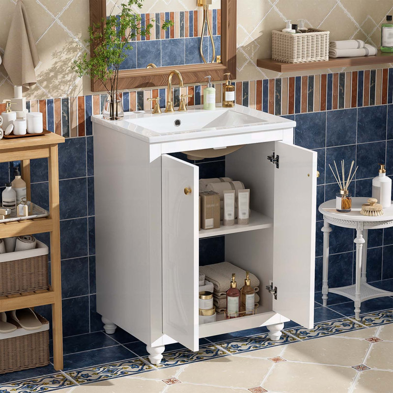 Modern Bathroom Vanity with Sink,Soft-Close Hinges,Ball-Turned Legs, White