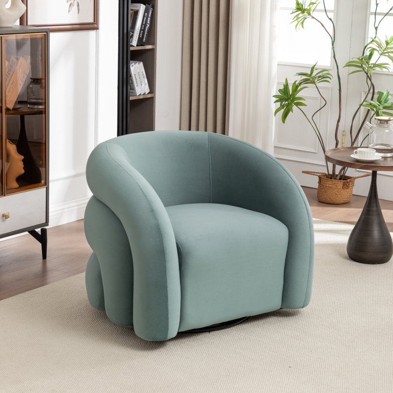 Fauteuil demi-tonneau pivotant rembourré Coyle, Velours bleu, 1