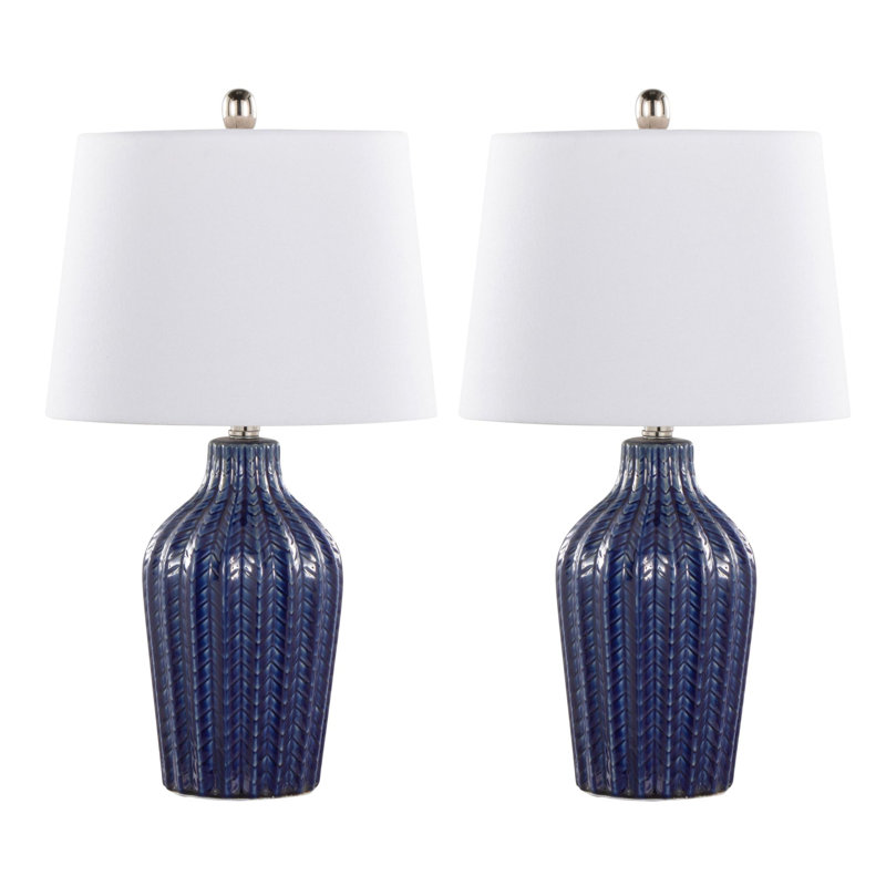 Ensemble de 2 lampes de table 23 "en céramique bleu foncé avec nickel poli et lin blanc 23"