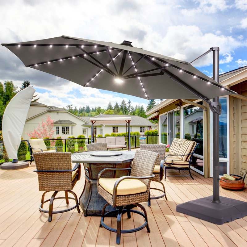 Parasol en porte-à-faux à DEL en aluminium 11 pi avec base pour terrasse, Gris