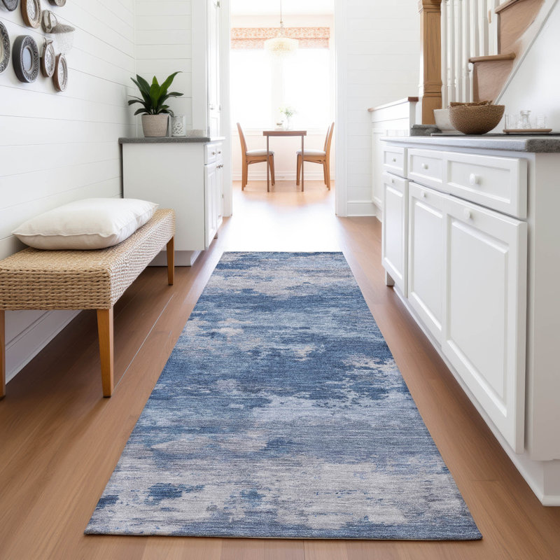 Machine Washable Indoor/Outdoor Xhevrie Navy Rug, Runner 2'3" x 7'6"