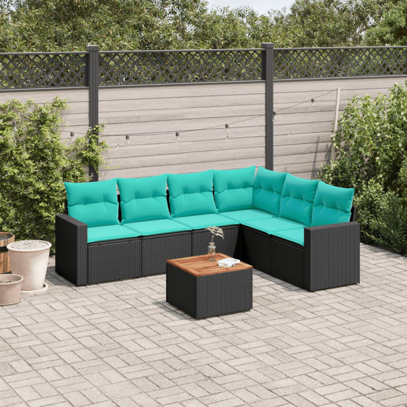Ensemble de canapé de patio 7 pièces avec coussins en rotin de polyester, Bleu clair, Noir