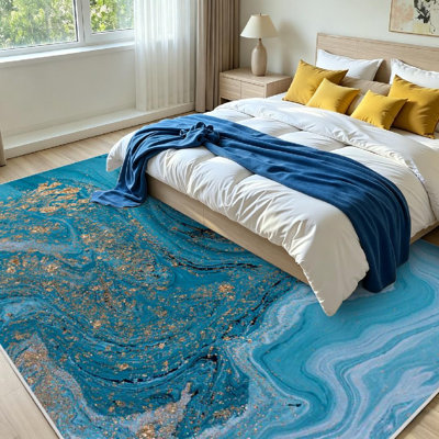 Clear Machine Washable,Marble Abstract Blue Marbling Indoor Area Rug
