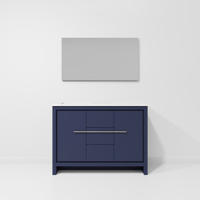 Lafarre Lafarre 48 in W x 20 in D Rustic Acacia Double Bath Vanity, White Quartz Top and 43 in Mirror, Navy Blue