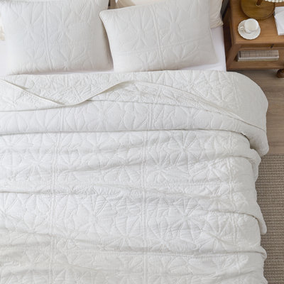 100% Cotton Flower Stitch Quilt Set,Queen,Bright White