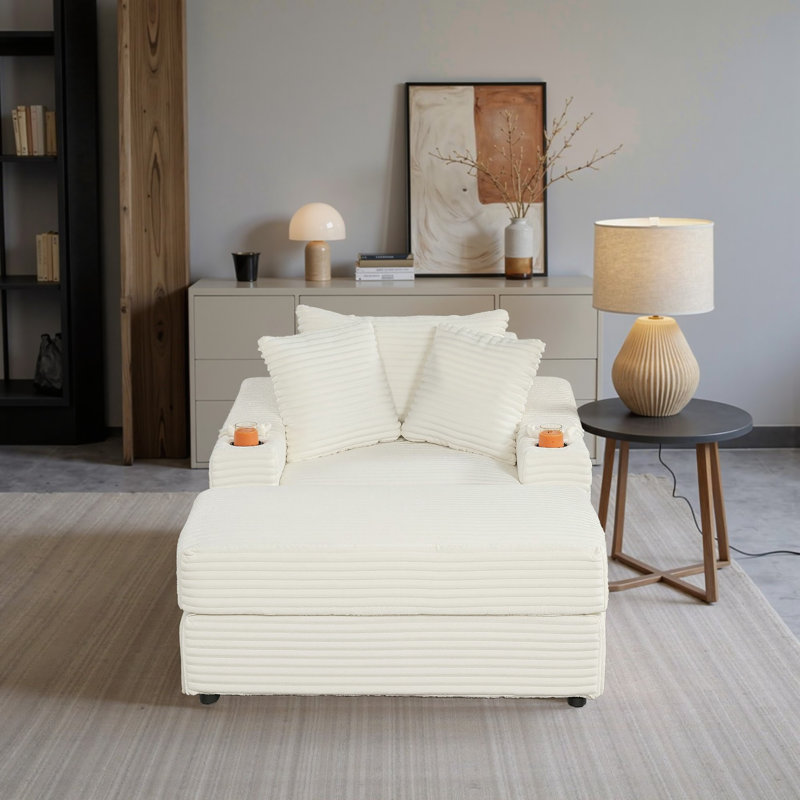 Canapé inclinable moderne en velours côtelé avec fauteuil et repose-pieds, Blanc