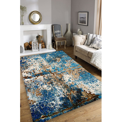Tapis bleu / brun en coton tissé à la machine Noxen