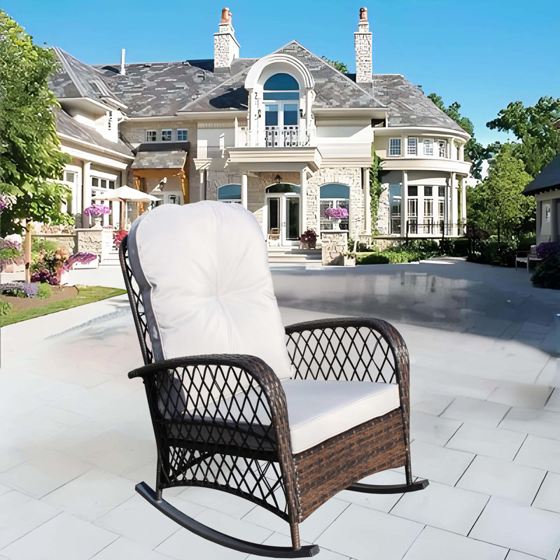 Fauteuil d'extérieur avec coussin moelleux et résistant - Fauteuil à bascule de jardin large en PE pour terrasse et patio