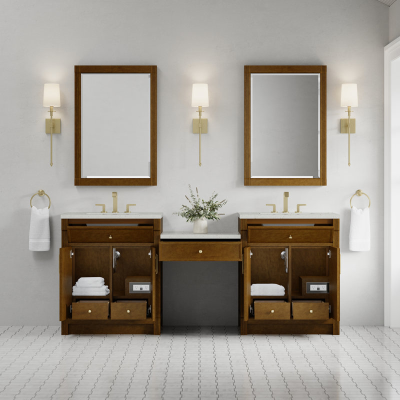 Bellshire 84" W Dual Vanity Set with 24" Make-Up Counter, 8" Widespread, Lime Delight, Honey Oak