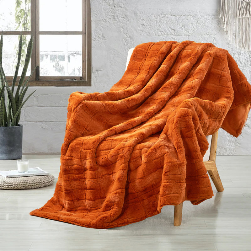 Jeté élégant en fausse fourrure, Orange brûlé, L 60 po x L 70 po
