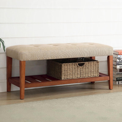 Banc rembourré en tissu avec rangement ouvert, beige et chêne