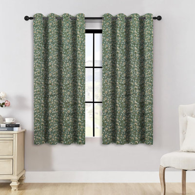 Green Orange Floral Handmade Block Printed Pure Linen Blackout Eyelet Curtain for Living Room and Bedroom, Room Darkening Boho Farmhouse Curtains & Drapes