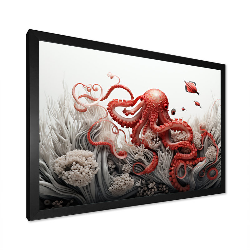 Impression sur toile monochrome corail et pieuvre grise I, Cadre simple noir, H 34 po x l 44 po x P 1,5 po
