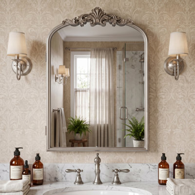 Arched Wall-Mount Medicine Cabinet with Ornate Corner Detail – Vintage Style Bathroom Mirror with Storage, 3 Adjustable Shelves, Brushed Sliver, 16"x24"