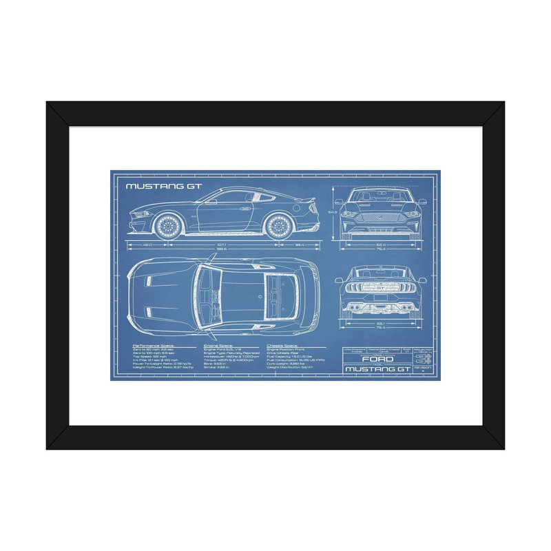 Mustang GT (2018-2020) Blueprint-impression de dessin, Blanc, Papier encadré noir, H 24 po x l 32 po x P 1 po