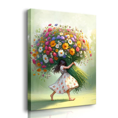 Girls Floral Wall Art Girls Room Canvas Wall Decor Girl Hugging Flowers Poster Prints Kids Room Wildflowers Painting Pictures Nursery Kindergarten Wall Art For Living Room Bedroom （16X24in Canvas）