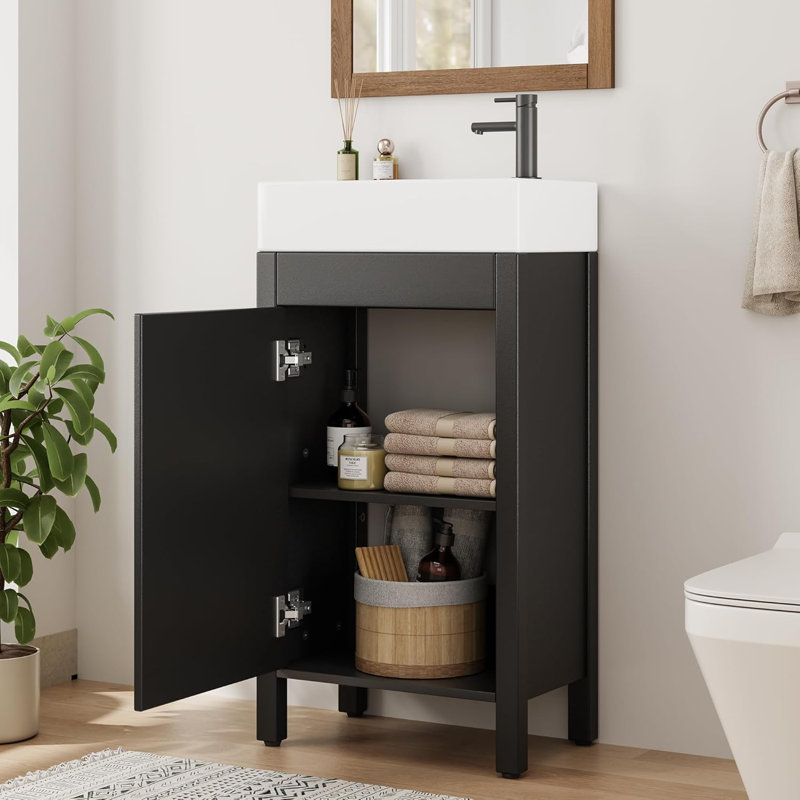 16" Bathroom Vanity with Sink, Freestanding Wooden Bathroom Vanity Cabinet with Soft-Closing Door and Metal Handle, Modern Floor Standing Storage for Small Spaces，Black