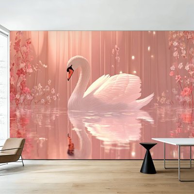 Pink Peel and Stick Wallpaper Delicate Swan Warm Pink Wall Murals 100"H x 144"W Removable PVC Wall Paper Self-Adhesive Wall Decor for Bedroom Living Room Home Office