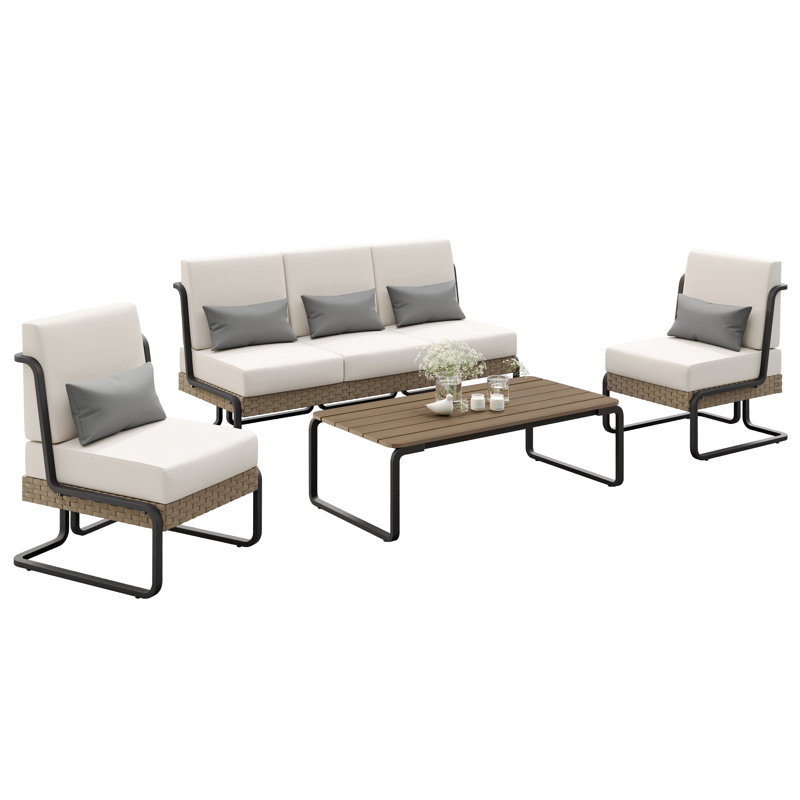 Ensemble de conversation d'extérieur à 5 places en aluminium et osier avec coussins et coussins Bricelynn, Kaki, Beige