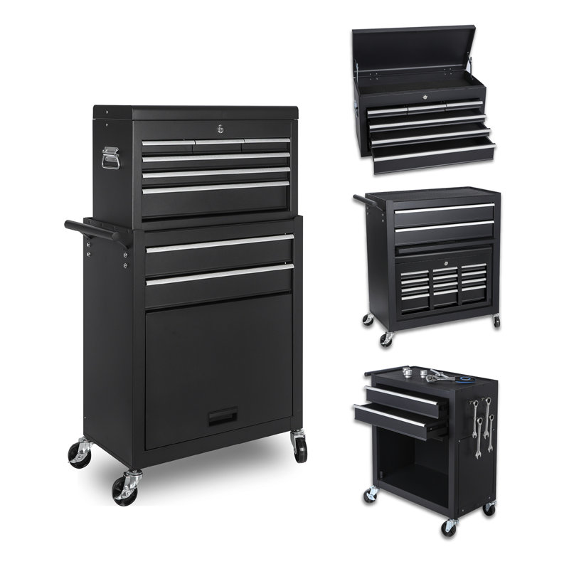 Coffre à outils, armoire de rangement à outils à 8 tiroirs avec coffre à outils amovible 2 en 1, doublure, roues verrouillables, crochets latéraux, mécanisme de verrouillage, chariot à outils en métal pour le garage