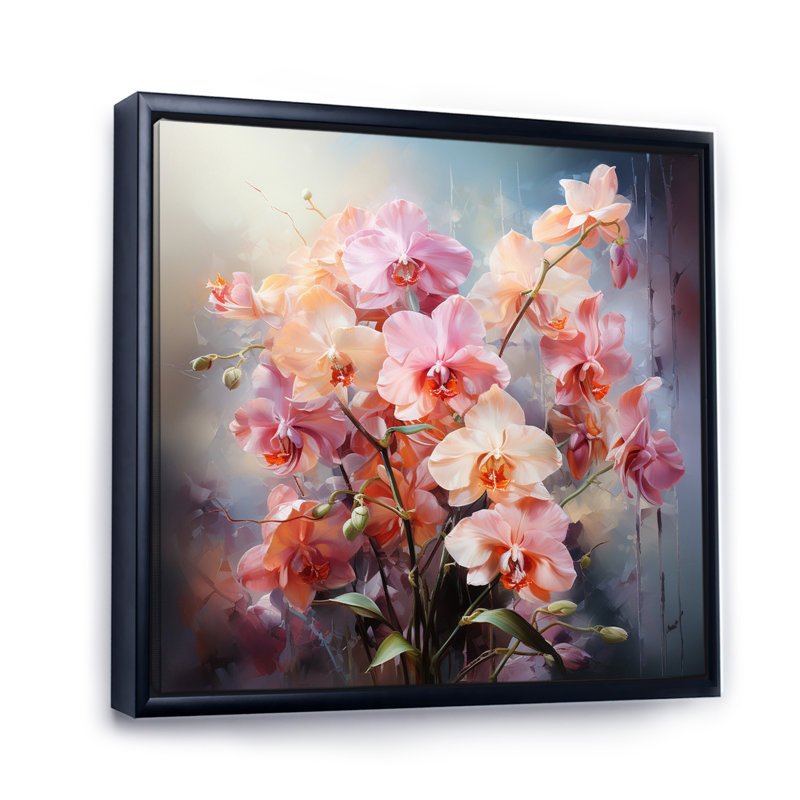 Impression romantique d'orchidées pêche II - impression, H 24 po x l 24 po x P 1 po, Cadre flottant noir