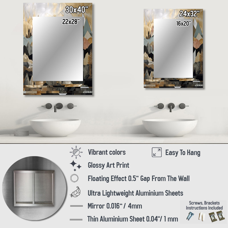 Gris et or géométrique Horizons I - miroir décoratif de ville, miroir mural gris, impression d'art en métal, 40 po x 30 po