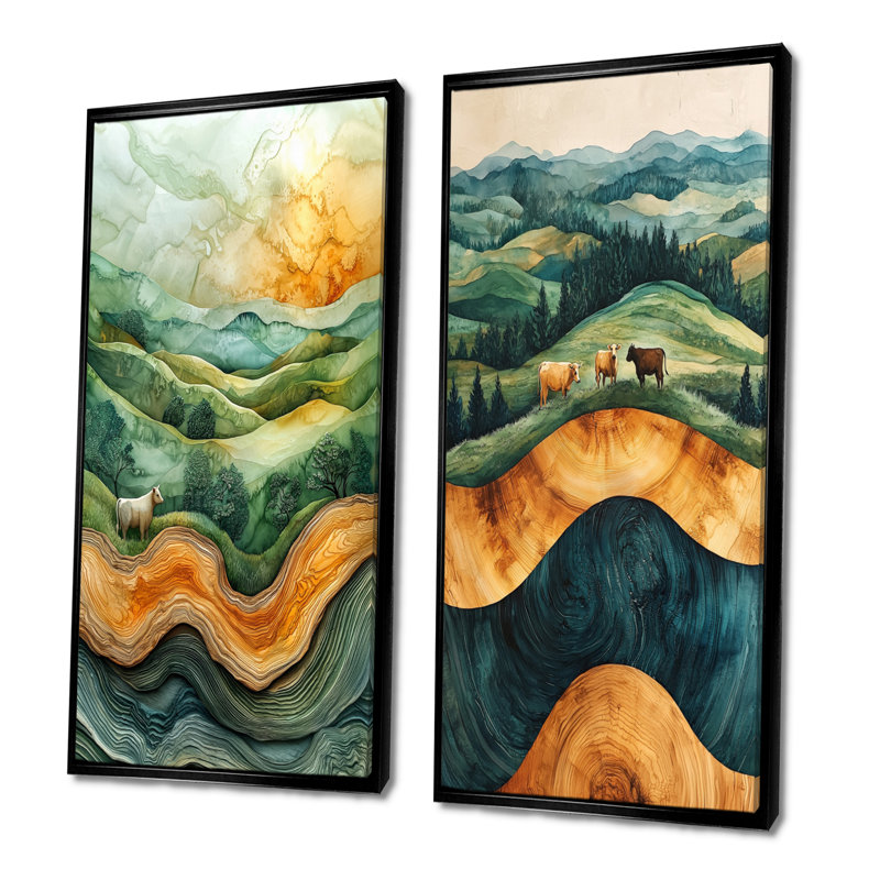 Cows Into A Summer Field Landscape I - Collection d'animaux sur toile 2 panneaux, H 28 po x l 25 po, Cadre flottant noir