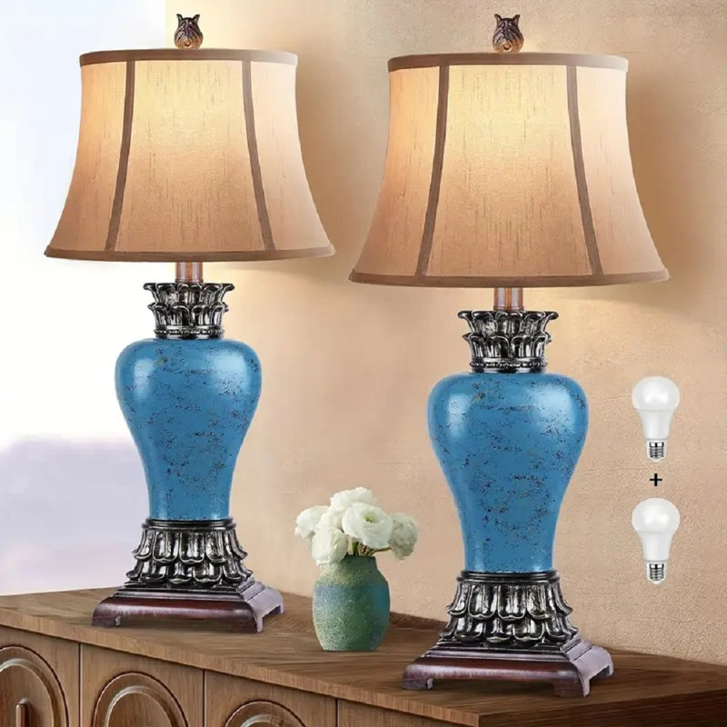 Ensemble de 2 lampes de table campagnardes rustiques 29 "pour salon 3 lumières à température variable de couleur champêtre antique avec table de chevet, bleu sarcelle, lampe de chevet traditionnelle rétro, cadeaux de Pâques pour la Saint-Valentin