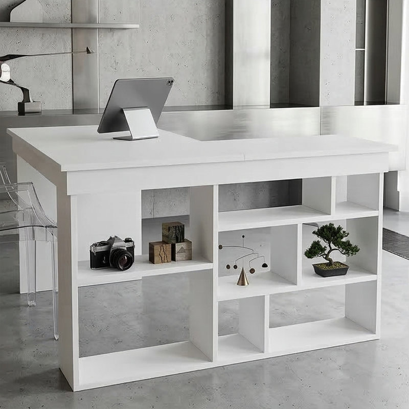 Bureau de direction en L Arden avec tablettes intégrées, Blanc naturel