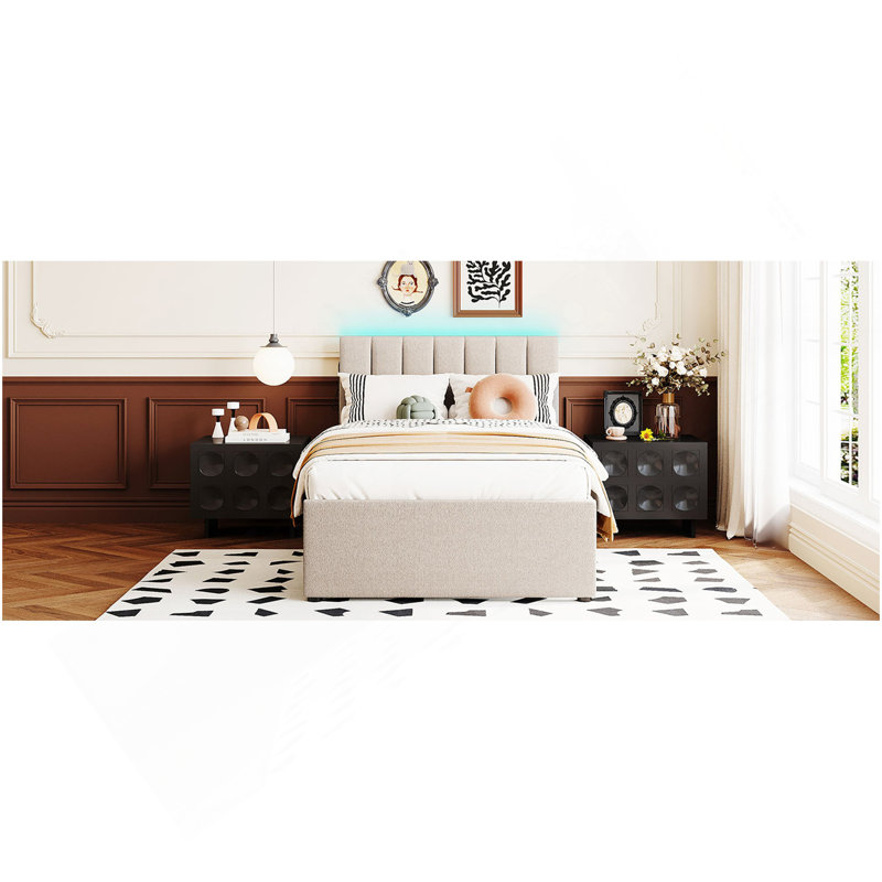 Lit plateforme tapissier simple avec lit gigogne Teddy, Beige
