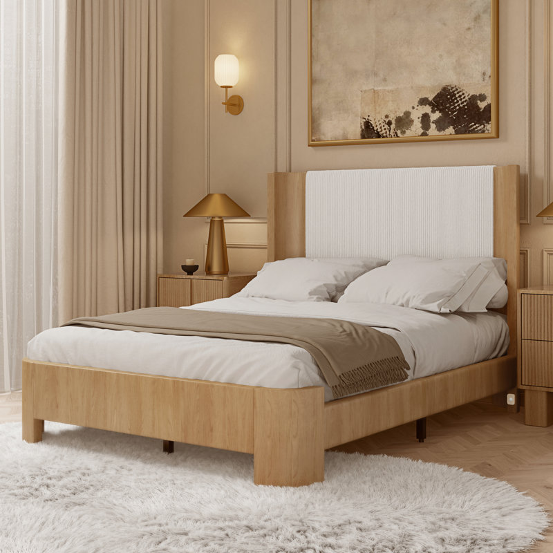 Full Size Bed Frame With Smart Led Lights, Upholstered Platform Bed With Tufted Wingback Headboard, No Box Spring Needed, Easy Assembly, Pu Leather, Natural Oak