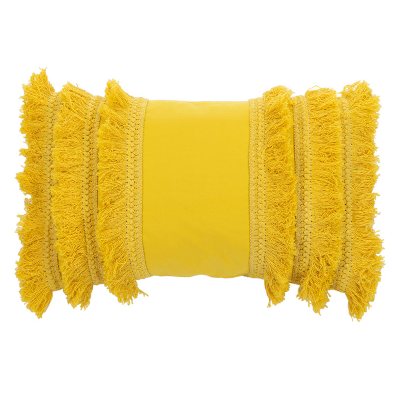 Fringed Cotton Throw Pillow, 12" x 20", Yellow, Rectangular