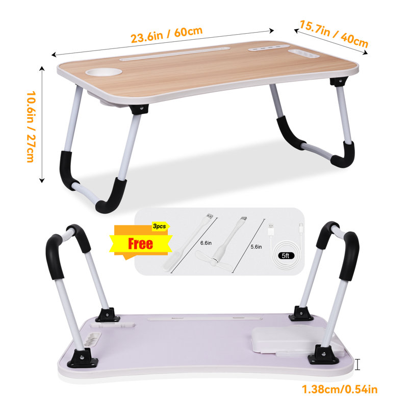 Bureau d'ordinateur portable, table d'ordinateur portable pliable avec port de charge USB, porte-bloc-notes, tiroir de rangement