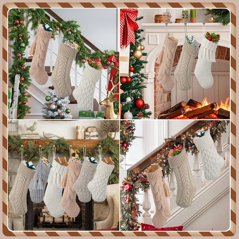 Ensemble de 6 bas de Noël en tricot rétro - blanc beige abricot rustique Boho Farmhouse