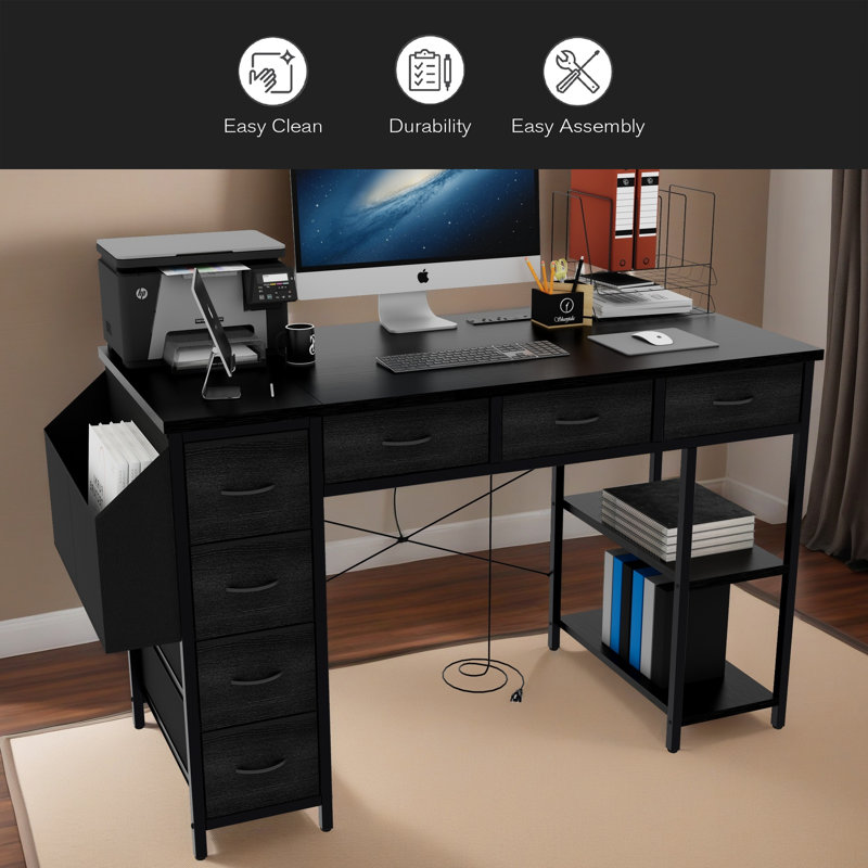 47" Computer Desk With Power Outlet,Writing Desk With 7 Fabric Drawers,Vanity Table Drawers And Large Side Pocket