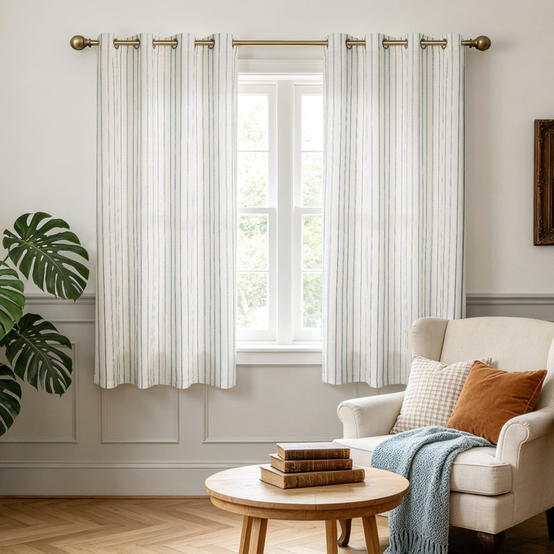 Farmhouse Linen Blend Stripe Semi-Sheer Grommets Curtain Pair, Blue, 52" W x 63" L