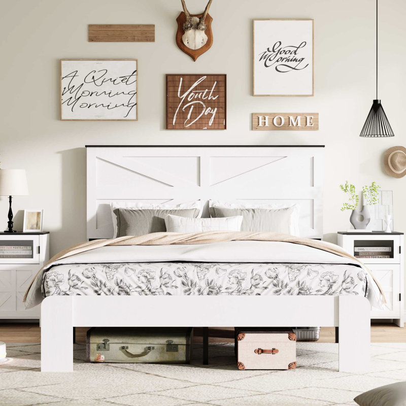 White Queen Bed Frame Headboard, Wood And Metal Platform Bed, Noise , No Box Spring, Easy Assembly, Industrial Style, Sophisticated Look, Bedroom Functional, Under Space