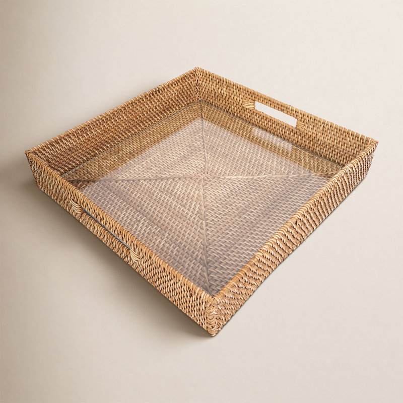 Square Serving Ottoman Trays With Glass Insert, Honey Brown, 3" H x 16" W x 16" D, Glass Bundle