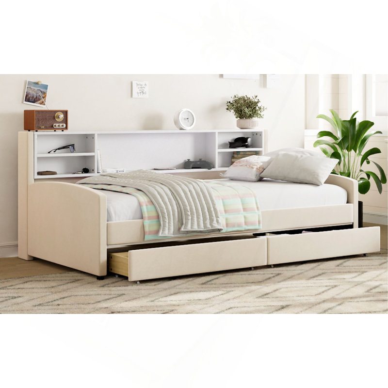 Twin Size Upholstered Platform Bed With Storage And Drawers, Beige