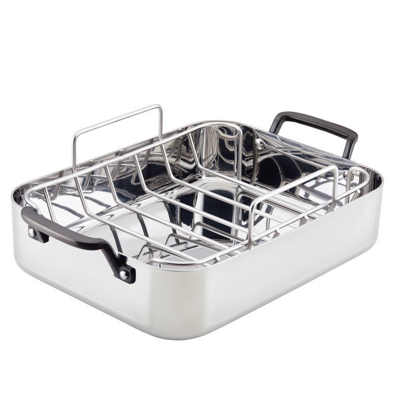 Polished Stainless Steel Non-Stick Roasting Pan with Rack and Handles