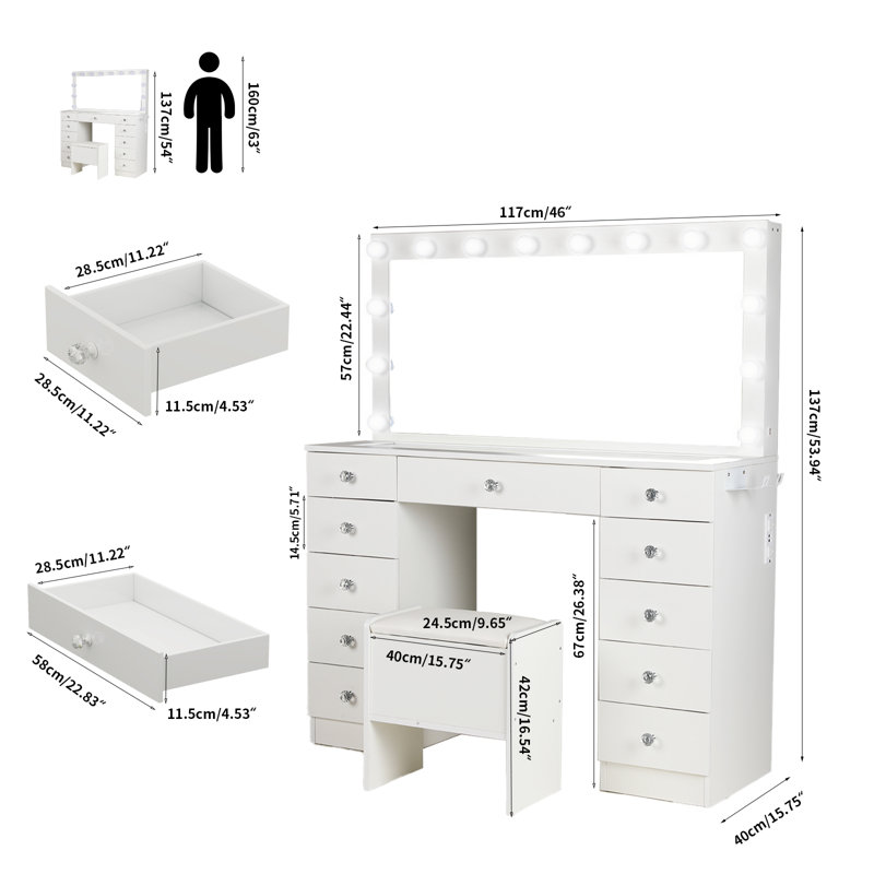 Makeup Vanity Desk with Glass Top and 11 Drawers, 3 Color Lighting Modes Adjustable Brightness, 46" Vanity Table with Soft